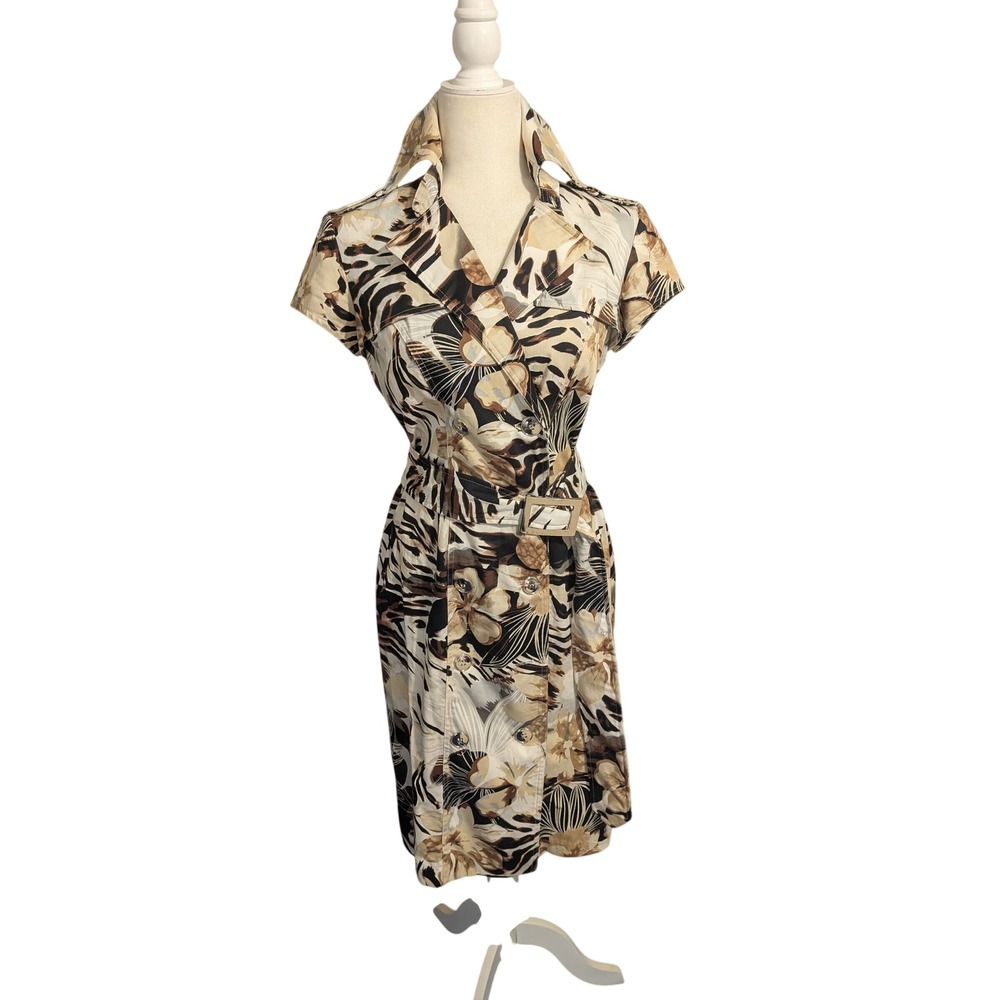 Cartise Animal Floral Print Belted Trench‎ Dress Tan Black Size 4 91021